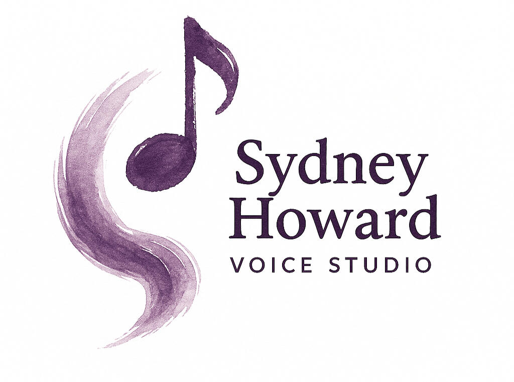Logo for Sydney Howard Voice Studio, private voice and acting lessons, as well as audition coaching. Featuring a watercolor eighth note